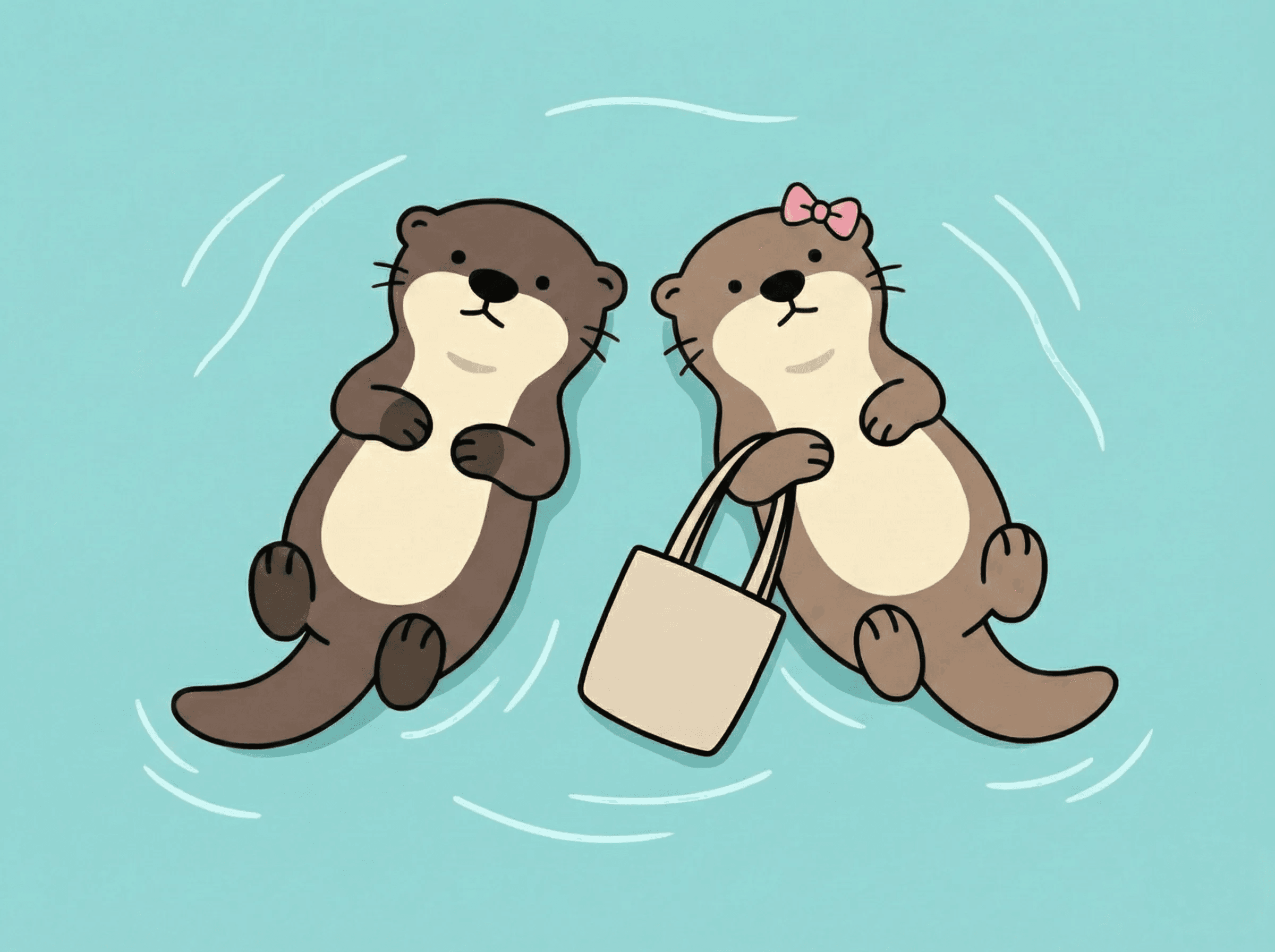 가방을 사이에 두고 함께 떠있는 수돌이와 달순이